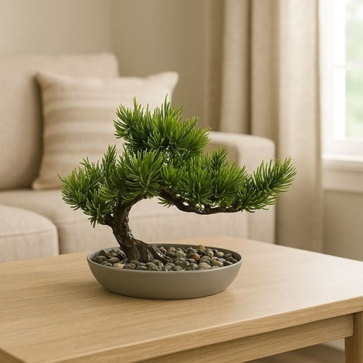 Изкуствено Бонсай в Саксия 24×14×20 см ANTBRO® – Декоративни Изкуствени Бонсаи в Модерна Ваза, Идеални за Офис, Всекидневна и Подаръци