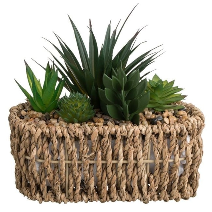 Ovális Szalma Kaspó Műnövénnyel 19×8×17 cm ANTBRO® – Természetes Dekoráció Irodába, Fürdőszobába, Lakásba, Karbantartás Nélkül