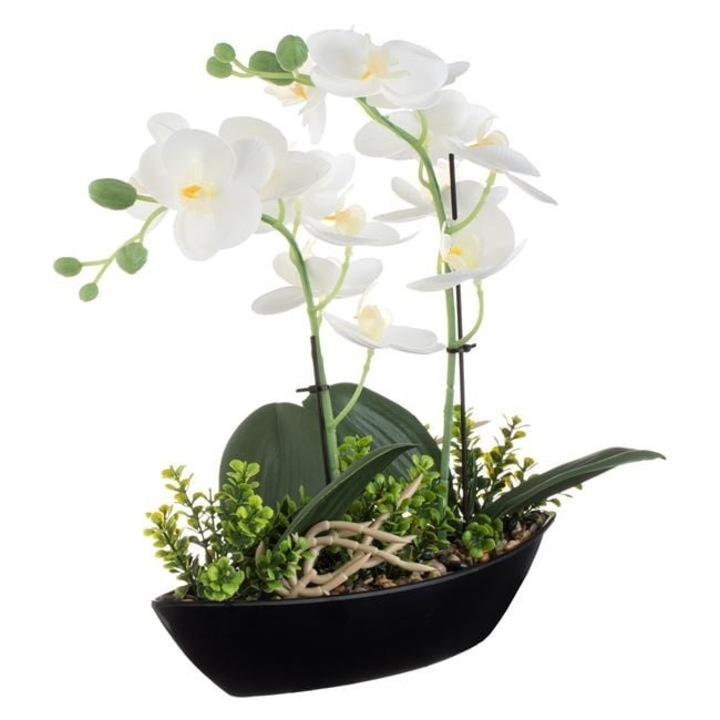 Ghiveci Decorativ Negru Tip Barca 27 × 9 × 30 cm ANTBRO® – Vas Modern cu Orhidee Artificiala Alba, Ideal pentru Living, Birou sau Cadouri Elegante