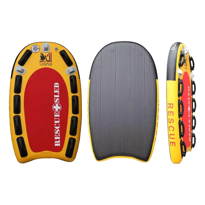 Placi de salvare gonflabile, Uone, 170x100x15 cm, Sanie de salvare, capacitate maxima de 130kg/230kg, Set cu sac si pompa, Galben si Roz