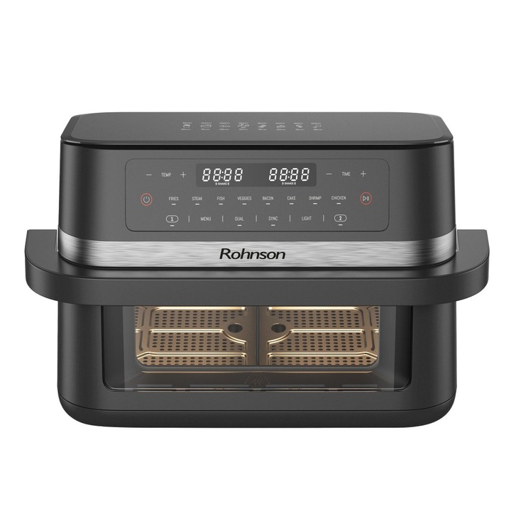 Friteuza cu aer cald 2 in 1 Rohnson R2881 11L, 2x5.75l, 2950W, temporizator1-60 min, 8 programe, panou tactil digital LED, 3D la 360°, iluminare interioara, protectie supraincalzire, maner izolat termic