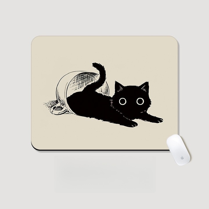 Mouse pad pisica amuzanta pentru birou, 26x21 cm, baza din cauciuc antiderapant, design desen animat dragut cu margini cusute, rezistent si durabil pentru laptop, computer, birou si gaming