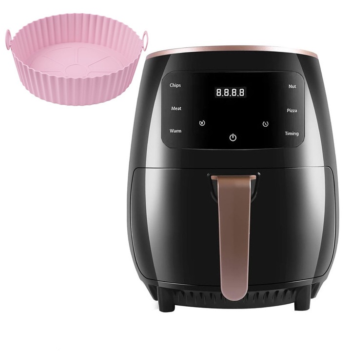 Комплект фритюрник с горещ въздух NEXTLY и розова силиконова форма, готвене без олио, обем на фритюрника 6 литра, 2400 W, 8 програми за готвене, сензорно управление, дигитален дисплей, черен