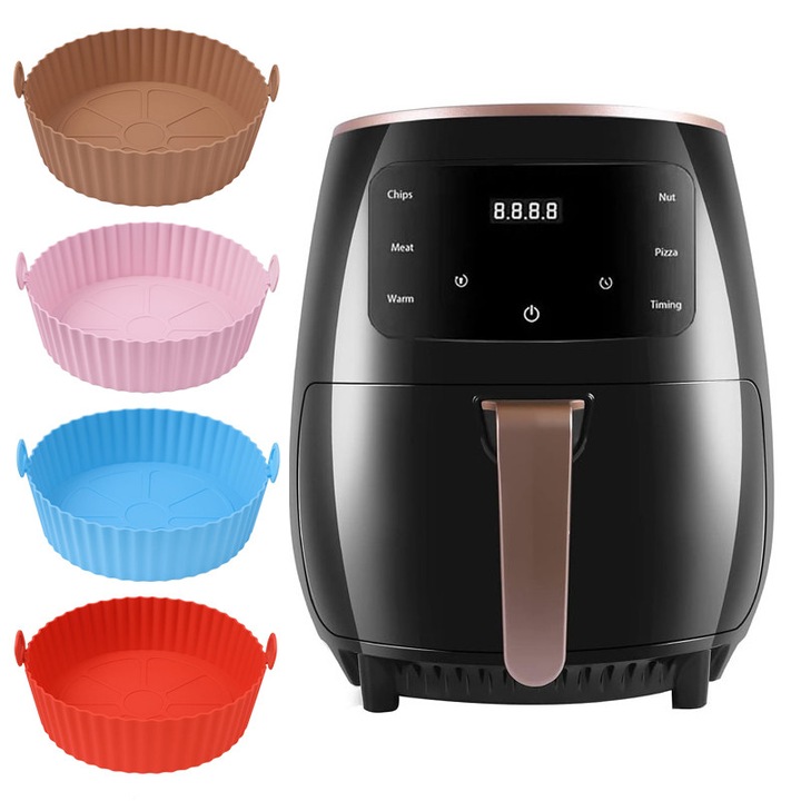 Комплект фритюрник с горещ въздух + 4 силиконови форми NEXTLY, готвене без олио, обем на фритюрника 4,5 литра, 1400 W, 8 програми за готвене, сензорно управление, дигитален дисплей, черен