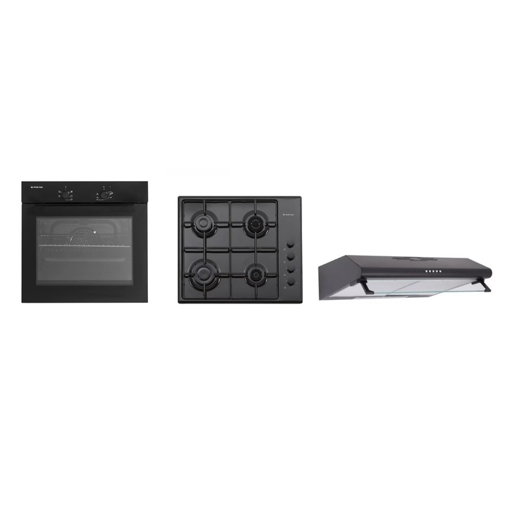 Pachet inc. cuptor electric, plita gaz si hota clasica Black I Sea Studio Casa, 56 l, Clasa energetica A, 6 functii, 4 arzatoare gaz, Negru
