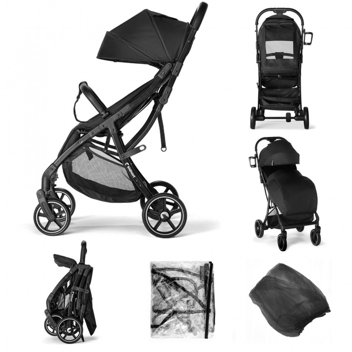 Carucior pentru copii, Kidnort Fjallrav Black, cu pliere compacta, suspensie integrala, spatar si viziera reglabile, pana la 22 kg, accesorii incluse, suport pentru pahar, husa transport