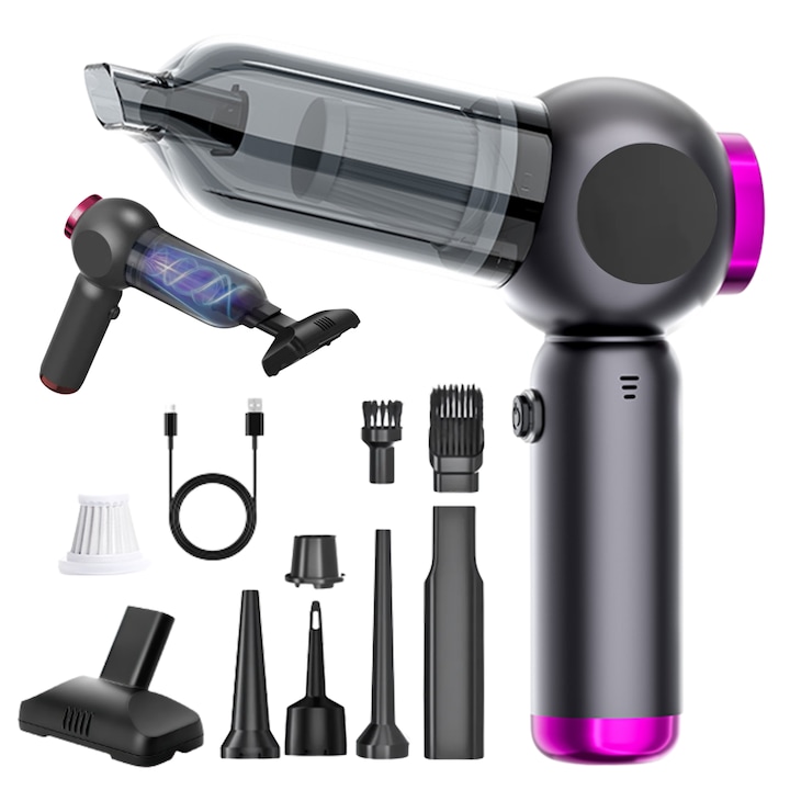 Aspirator portabil multifunctional ANGAVO© 2-in-1 cu functie de suflanta, motor fara perii, 20000PA, 3 trepte de putere, baterie 3x18650 6000mAh, mod vidare si umflare, 8 duze incluse, mini perie, incarcare rapida USB-C, compact si silentios, negru