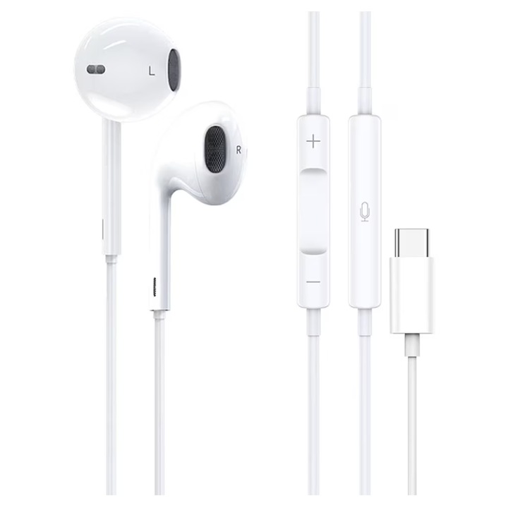 Casti cu Fir, pentru iPhone 15/16, Mufa Type-C, 1m, Microfon integrat si Butoane de control, Alb