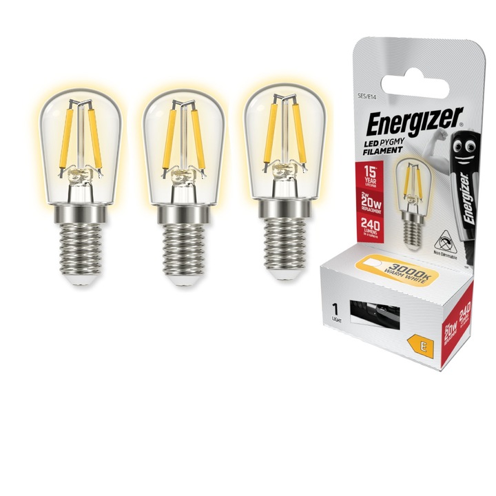 Комплект от 3 LED крушки за хладилник, Energizer, Pygmy Filament, E14, 2W, 3000K, 240 лумена, топла светлина, енергиен клас E