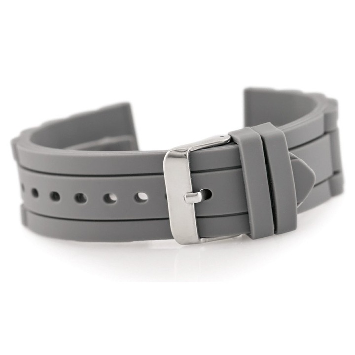 Каишка за часовник, 904t, 22 мм, Каучук, Сива, С метална катарама, Оребрена