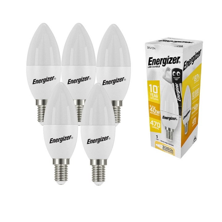 Комплект от 5 LED крушки Energizer, E14, 5.2 W, еквивалент на 40 W, 470 lm, 3000k, топла светлина, енергиен клас F