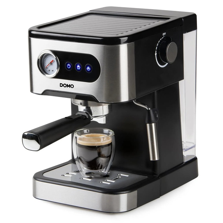 Espressor semiautomat DOMO, 20 bari, ideal pentru toate specialitatile de cafea, duza spumare lapte, sistem Thermoblock, incalzire rapida, display LED touchscreen, incalzire cesti, rezervor apa 1.5 litri, inox