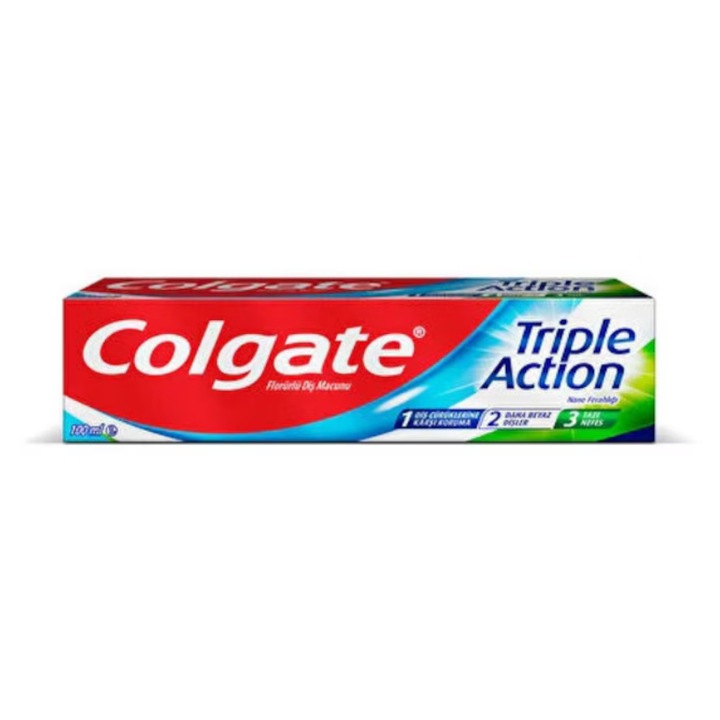 Colgate Triple Action, Pasta de Dinti, 100ml, Formula 3 in 1 cu Fluor, Protectie Impotriva Cariilor, Albire Vizibila, Respiratie Proaspata, Curatare Eficienta, Igiena Orala Completa, Ingrijire Zilnica pentru Dinti Sanatosi si Curati