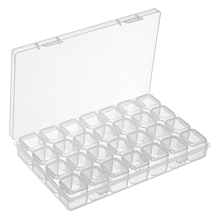 Cutie de depozitare pentru accesorii, Axroad Mall, Recipiente detasabile, 28 compartimente, Cu capac, Portabil, Dreptunghiular, Pentru pictura cu diamante, cosmetice, margele, Plastic, 17.5*10.7*2.7cm, Transparent