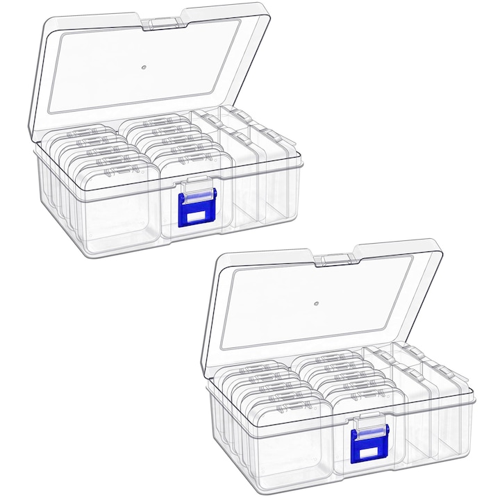 Set 2 cutie de depozitare a organizatiei bead, Axroad Mall, Set cutii depozitare cu 14 PC -uri mici cutii, Cu capac cu balamale, Pentru obiecte mici is DIY diamond piese mici, Plastic, 11.5*16.5*5.6cm, 5.5*5.5*2cm, Transparent