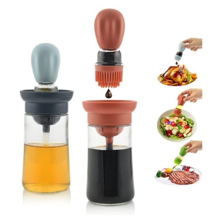 Set 2 dozatoare de ulei de masline cu perie de silicon Sticle de masurare a uleiului de sticla Recipient potrivit, 180 ml, random color, 18 cm x 5 cm, HAPPY JOKER®