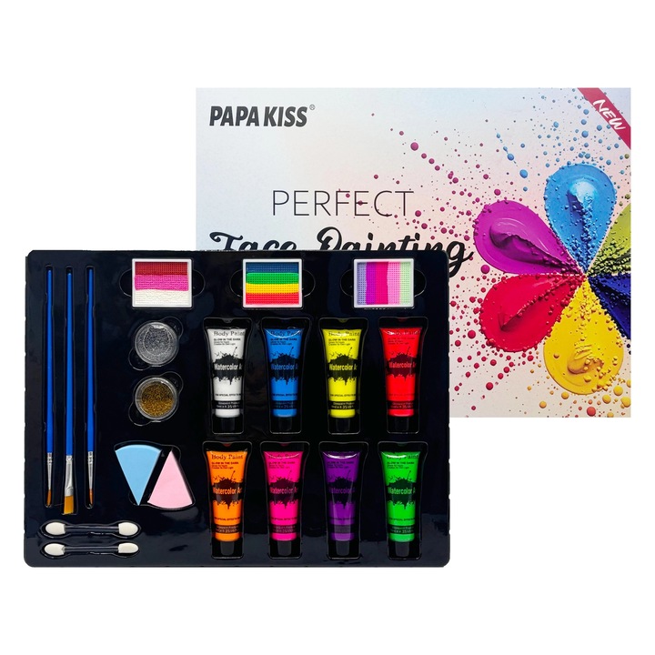Professzionális arc- és testfestés készlet, gyerekeknek és felnőtteknek, 25 szín, nem mérgező, 8 foszforeszkáló festék, csillámpor, ecsetek, vízbázisú festék, 3 éves kortól