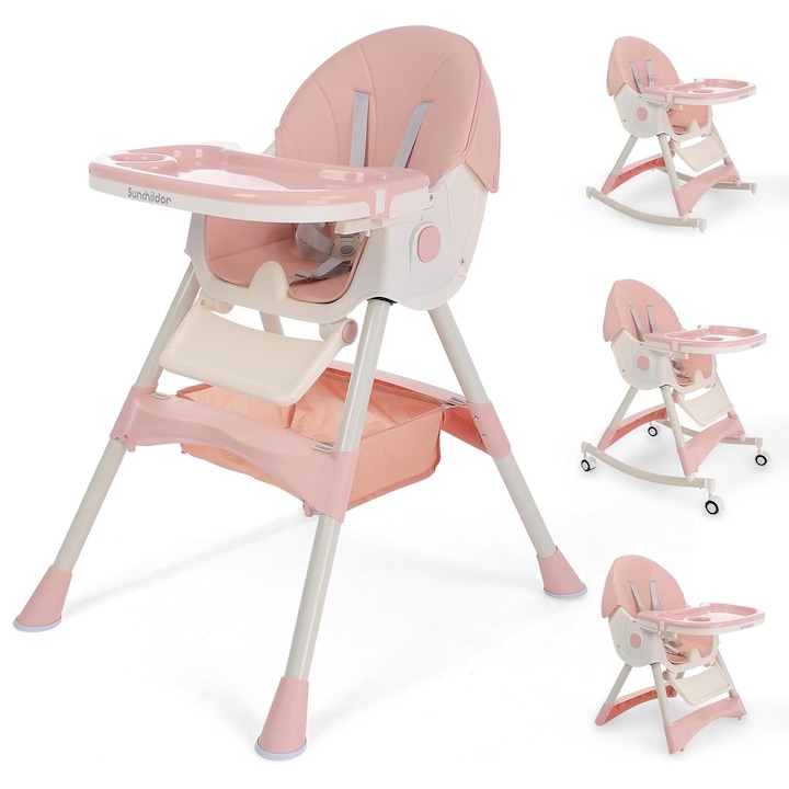Scaun de masa bebe 4 in 1, Brivoo®, multifunctional, balansoar, pliabil, 4 roti, tava detasabila, centura 5 puncte, Roz, 6-72 Luni