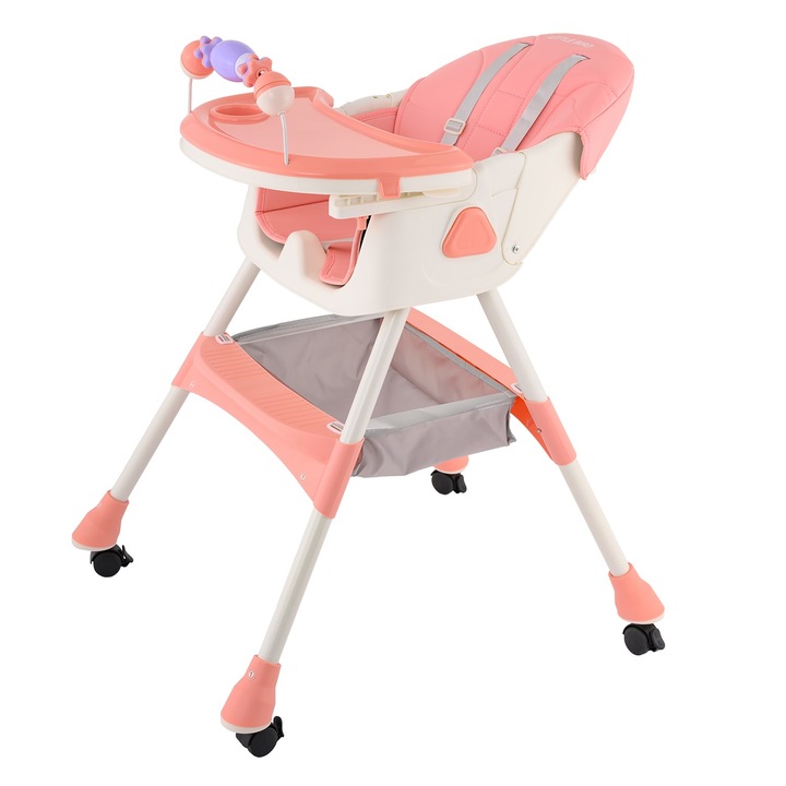 Scaun de masa bebe 4 in 1, Brivoo®, multifunctional, balansoar, pliabil, 4 roti, tava detasabila, centura 5 puncte, Roz, 6-72 Luni