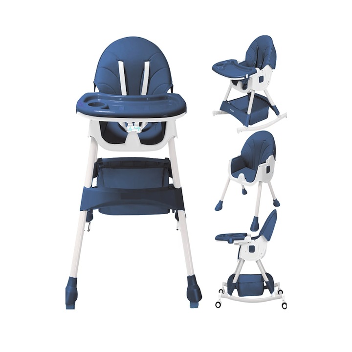 Scaun de masa bebe 4 in 1, Brivoo®, multifunctional, balansoar, pliabil, 4 roti, tava detasabila, centura 5 puncte, Albastru, 6-72 Luni