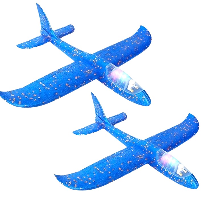 Set 2 Avioane Planor cu Pilot, Polistiren, Cu Lumini in Cabina Pilotului, 47 cm, Albastru deschis