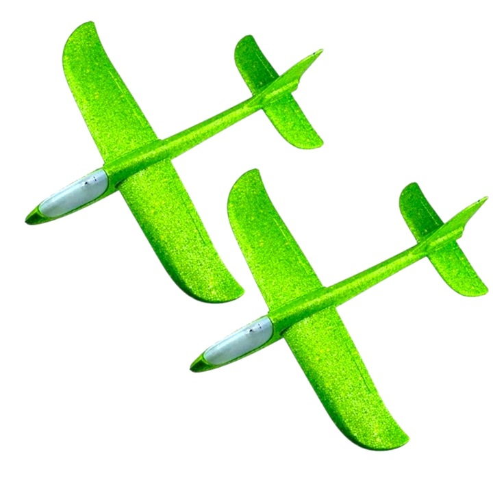 Set 2 Avioane tip Planor, Polistiren, 47 cm, Avion simplu cu lumina in fata, Verde aprins