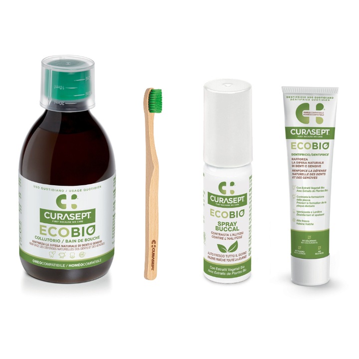 Set Curasept ECOBIO contine 1 Apa de gura, 1 Pasta de dinti, 1 Spray bucal si 1 Periuta de dinti Curasept Ecobio