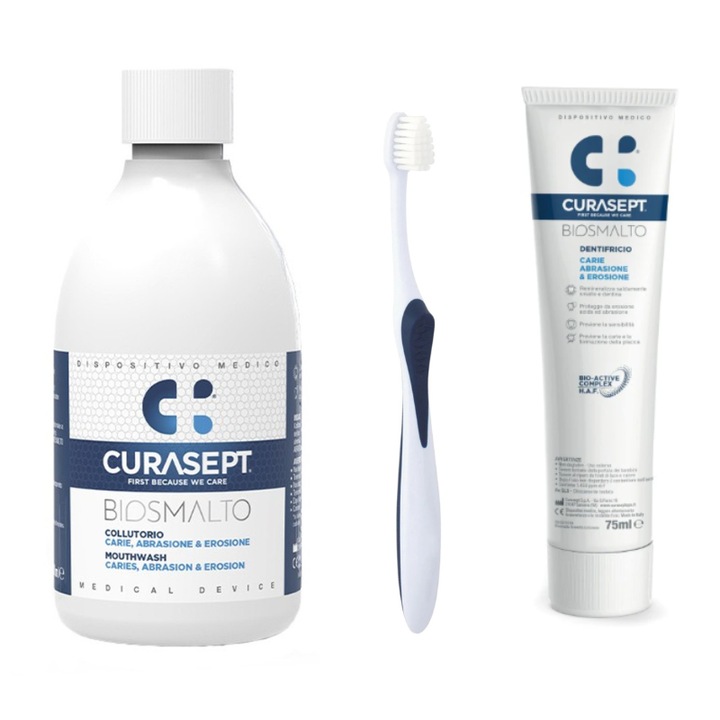 Set Curasept Carries, contine 1 Apa de gura, 1 Periuta de dinti si 1 Pasta de Dinti Curasept Biosmalto