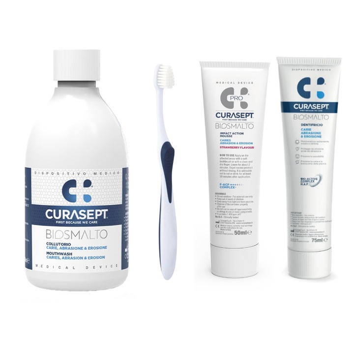 Set Curasept Carries, contine 1 Apa de gura, 1 Periuta de dinti, 1 Mousse si 1 Pasta de Dinti Curasept Biosmalto
