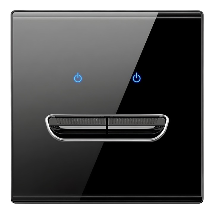 Duplafejű létra/keresztkapcsoló, edzett üveg, fényes fekete, mechanikus tapintású gombok LED világítással, ultravékony, egyszerű telepítés, luxus kialakítás