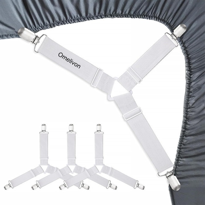 Banda elastica pentru cearceaf, Omelivon, set de 4, design triunghiular, ajustabil, alb