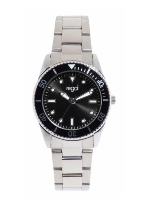 Ceas Regal dama, cadran negru, curea metalica argintie, 30mm