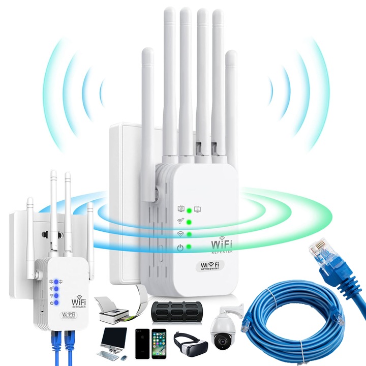 1 amplificator de semnal WiFi + 1 cablu Ethernet de 2 m, amplificator de semnal WiFi imbunatatit, acoperire domiciliu 9000 m2, repetor WiFi pentru peste 45 de dispozitive simultan, 6 antene, acoperire 360°