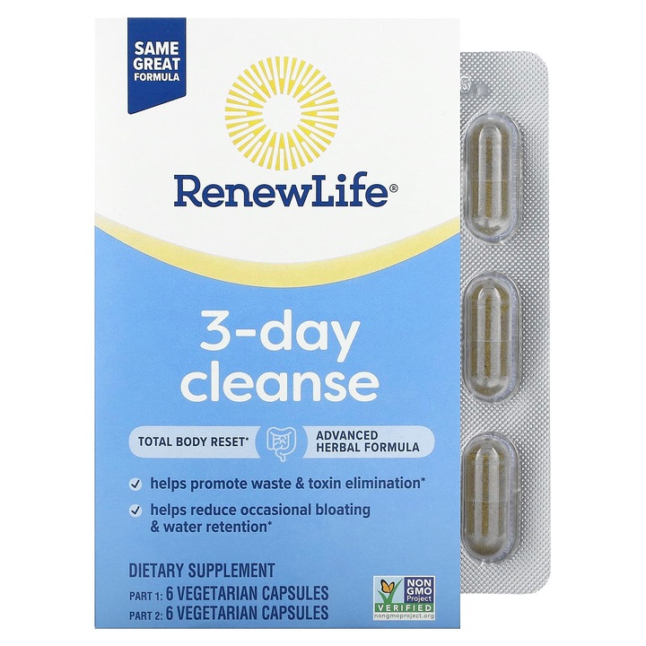Renew Life 3 Day Cleanse, 12 capsule vegetale, extract de plante, fara gluten, fara lactate