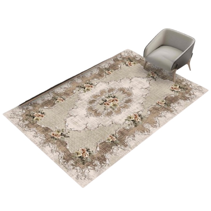 Covor Retro Multicolor, Abstract Floral, Poliester, Bej Nuante, 70x100cm