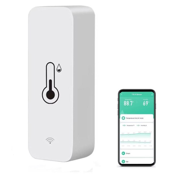 Senzor temperatura/umiditate smart, Aisdelu, WiFi 2.4G, Suport pentru monitorizarea de la distanta a datelor, Consum redus de energie, Compatibil cu Tuya/Smart Life/Alexa/Google Assistant, Usor de amplasat si instalat, Alb