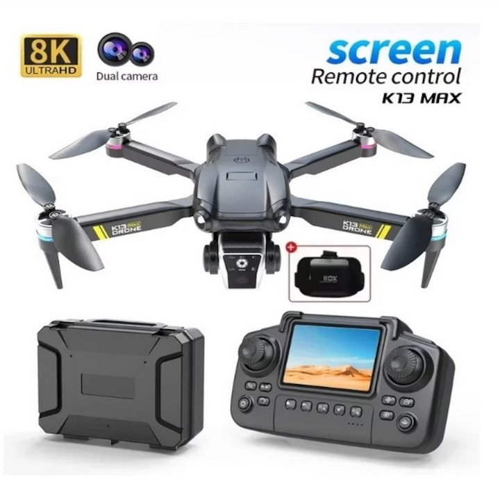 Drona SkyTechs® K13 MAX RC cu camera 8K control WiFi FPV, mentinere altitudine, control prin gesturi, telecomanda cu ecran 2X baterii 1800 Mah + Ochelari VR