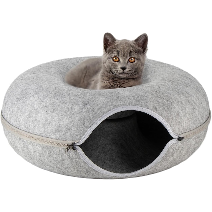 Pat tunel pentru pisici, din fetru, forma rotunda tip donut, pentru joaca, relaxare si somn, gri, 50 x 50 x 20 cm