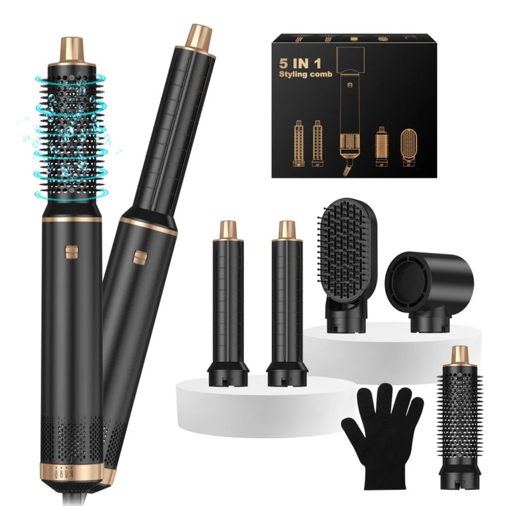 Angavo 5 az 1-ben hajgöndörítő, Coanda-effektussal, 110 000 rpm DC motor, 1000 W teljesítmény, negatív ionok, 5 tartozék (bal/jobb hajsütés, szárítás, simítás, volumenkefe), 3 hőmérséklet-/sebességbeállítás, fekete/arany, 360° forgatható kábel, hordozható