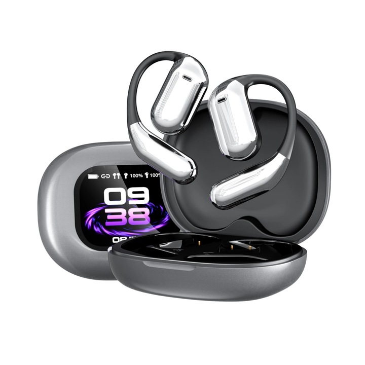 ANGAVO© AI интелигентни слушалки за превод, модел YYK-Q16 Pro, превод в реално време на 144 езика, цветен LED сензорен екран, 40 часа живот на батерията, активно ANC, технология DT5.0, калъф с витрина, дизайн с отворено ухо, зареждане с Type-C, черно/бяло