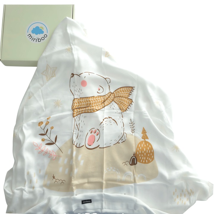 Paturica de Vara din 100% Bambus pentru Bebelusi si Copii 0-5 ani, 110x110 cm, Imprimeu Ursulet, Moale si Hipoalergenica, in Cutie Cadou – Miriboo®