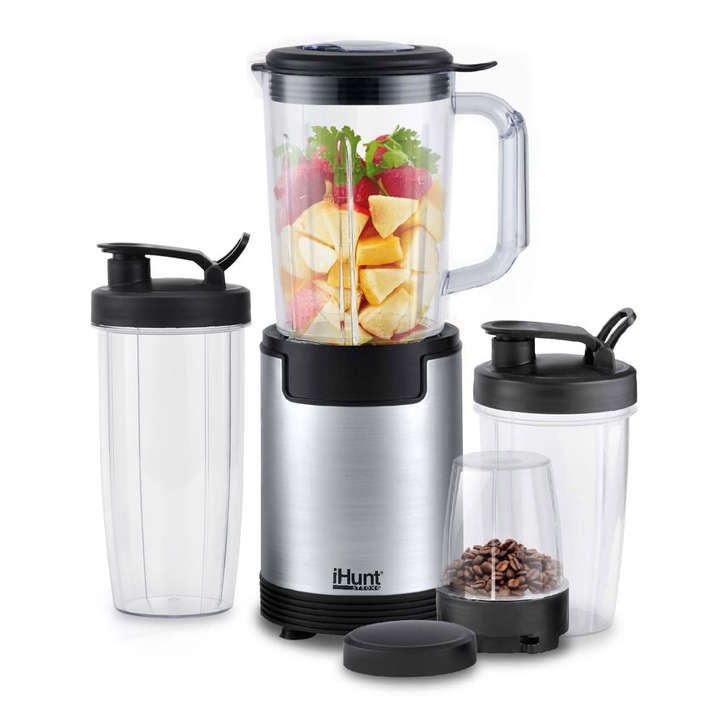 Set Multi Blender iHunt Bro 4 in 1, Putere 900W, 18000rpm, 1L, 6 cutite Inox, Functii Stoarcere Macinare Fructe Smothie Maker Zdrobire Gheata, 7 Accesorii incluse