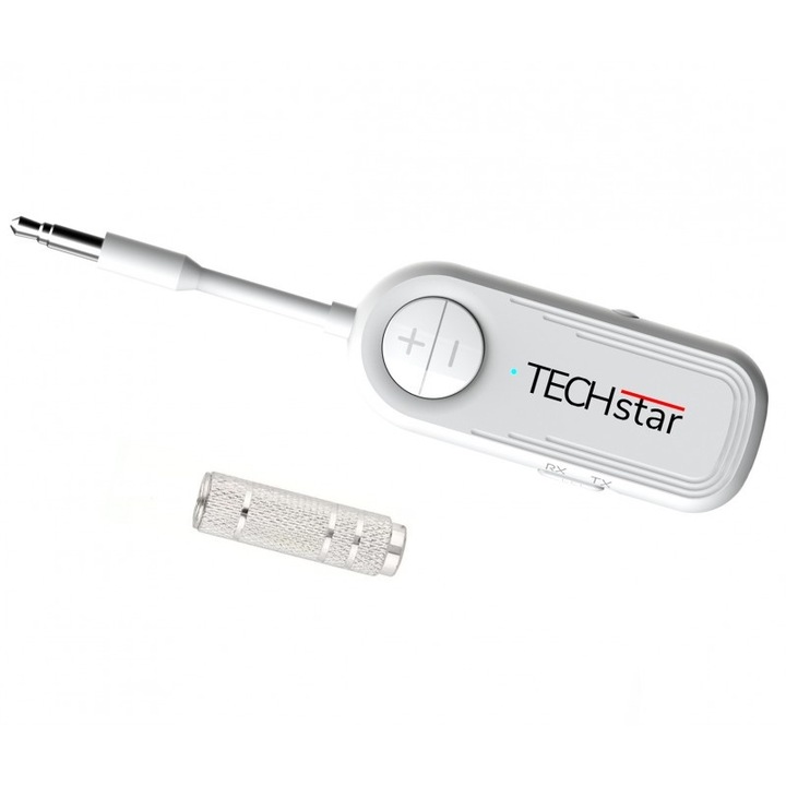 Безжичен адаптер 2 в 1 TX/RX аудио приемник и предавател Techstar® M28 бял, с Bluetooth BT 5.3 и 3.5 mm аудио порт конектор