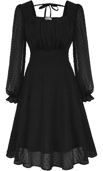 Rochie eleganta, peste genunchi, maneci lungi, neagra, dantela S