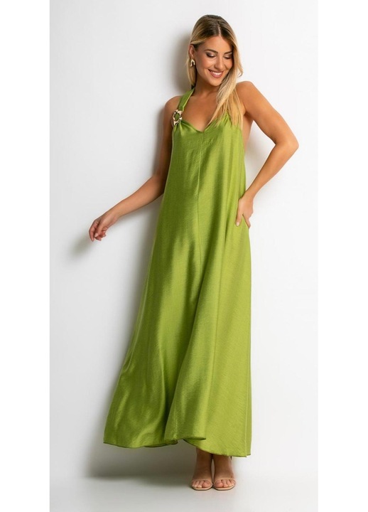 Rochie Lunga din Vascoza Verde Lime cu Detaliu Decorativ la Umar marime S-M-L INTL