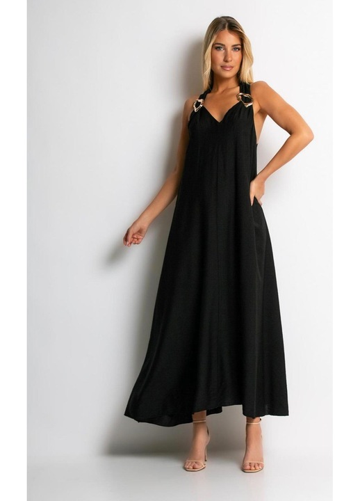 Rochie Maxi Neagra din Vascoza cu Accente Metalice – Eleganta Minimalista marime S-M-L INTL