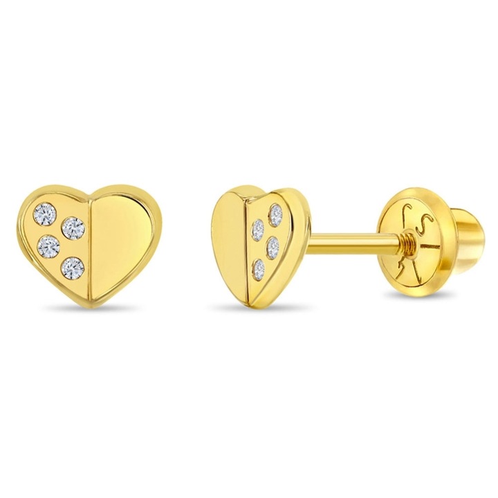 Cercei din Aur 14K pentru Bebelusi si Copii, model Inimioara cu Pietre CZ, inchidere cu Filet si Protectie