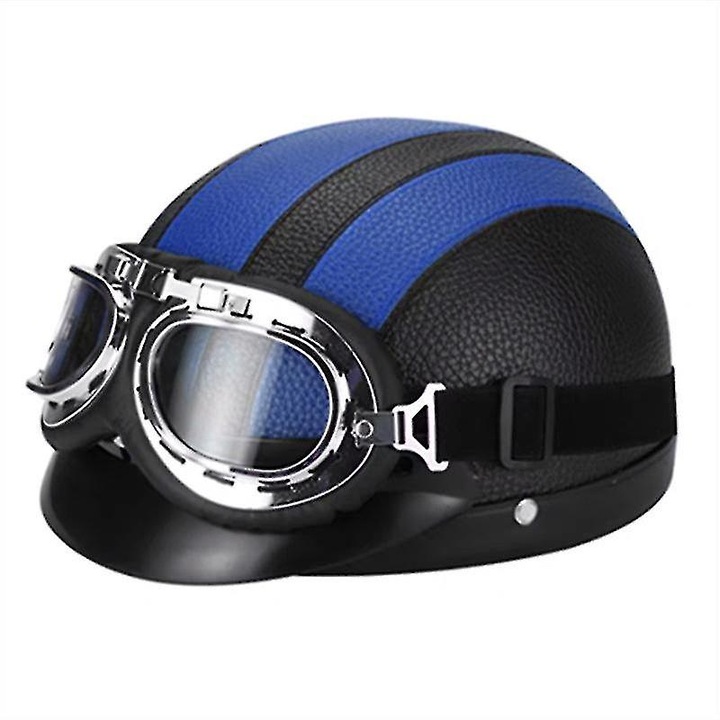 Ретро кожена мото каска с очила, екипировка за защита за моторни спортове, синьо/черно