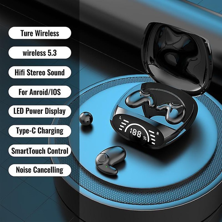 Vezeték nélküli fejhallgató, MD558D, láthatatlan kialakítás, aktív zajszűrés, fekete, 75x40mm