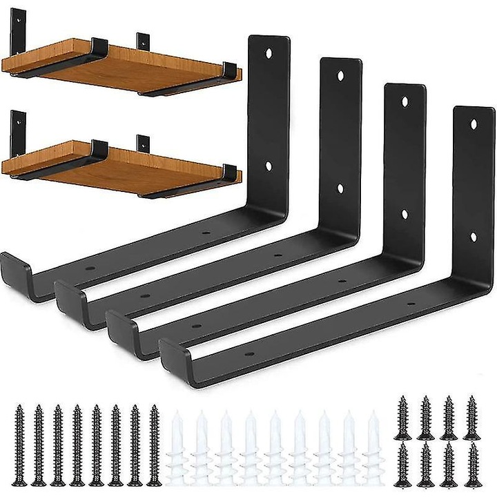 Set 4 suporturi de rafturi metalice negre, 20x15x4cm, capacitate 65KG, pentru perete